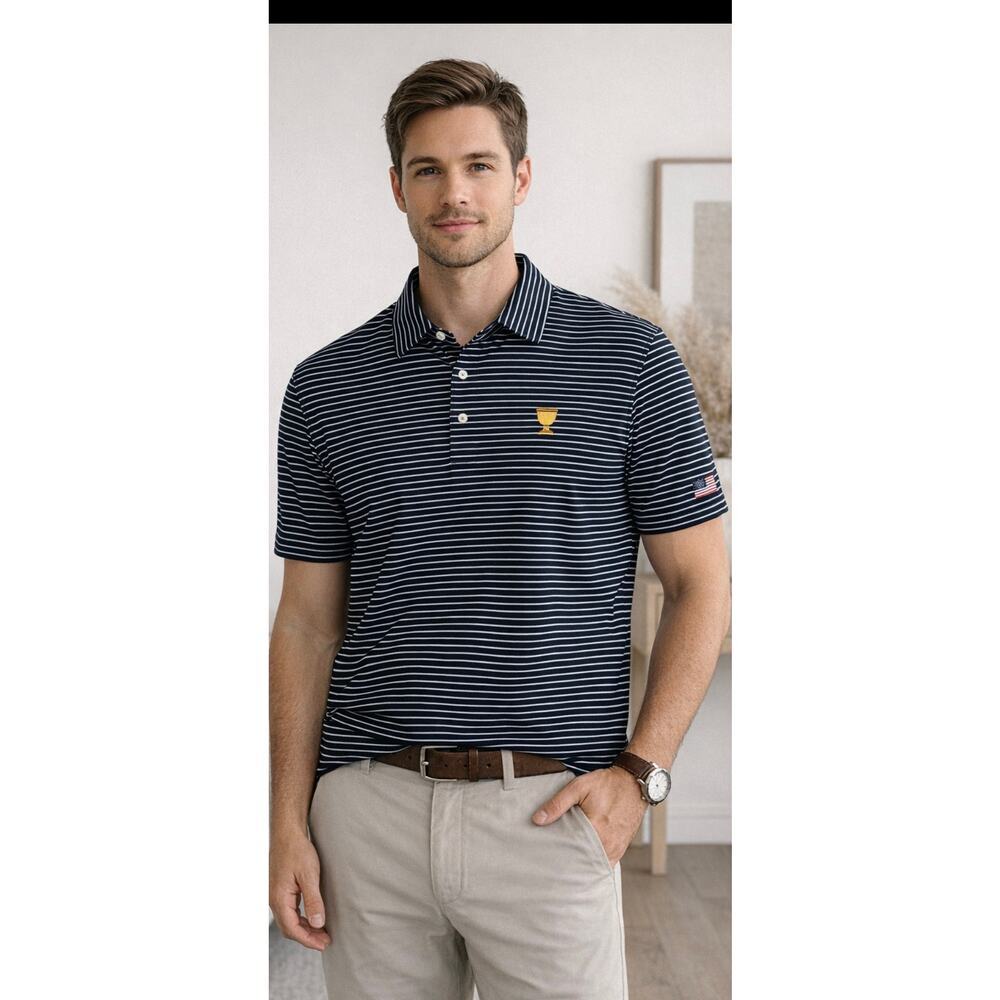 FULL TURN Men’s Navy White Striped Bamboo Blend Golf Shirt Size L Performance